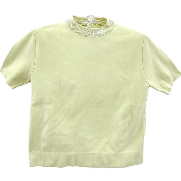 Chartreuse Green Vintage Knit Zipper Back Short Sleeve Mock Neck Sweater - Picture 1 of 11